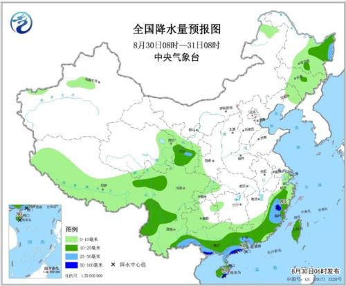 全国降水量预报图(8月30日8时-31日8时)