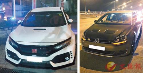 香港警方扣查两辆涉非法改装私家车。图片来源：香港《文汇报》 香港警方供图 