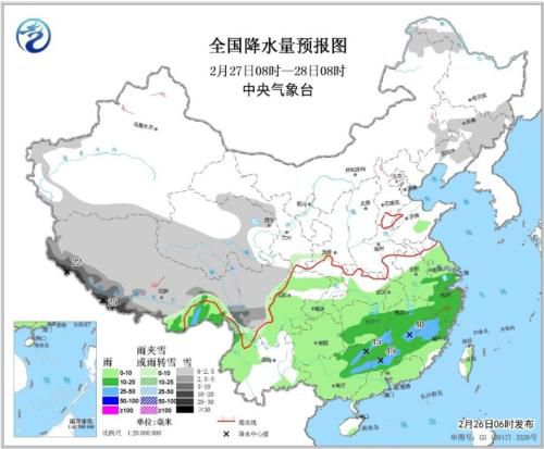 全國降水量預(yù)報圖（2月27日08時-28日08時）