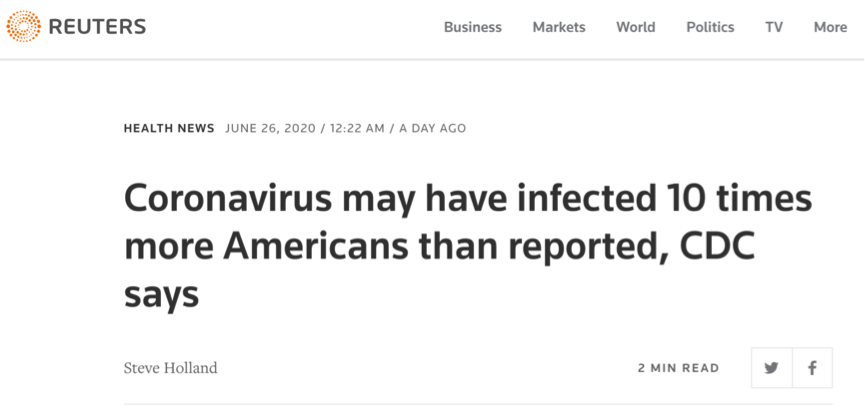 疫情美国疾控中心：美国实际感染人数可能是目前的10倍