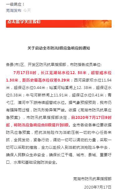 防洪|安徽芜湖：将防汛应急响应由II级提升至I级