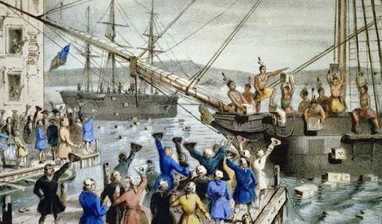描绘波士顿倾茶事件的画作。