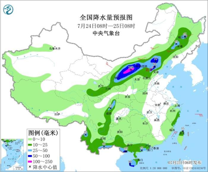 图3 全国降水量预报图(7月24日08时-25日08时) 。图片来源：中央气象台网站