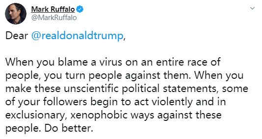 #特朗普#浩克发推批评特朗普说“中国病毒”：反科学政治言论，煽动敌视