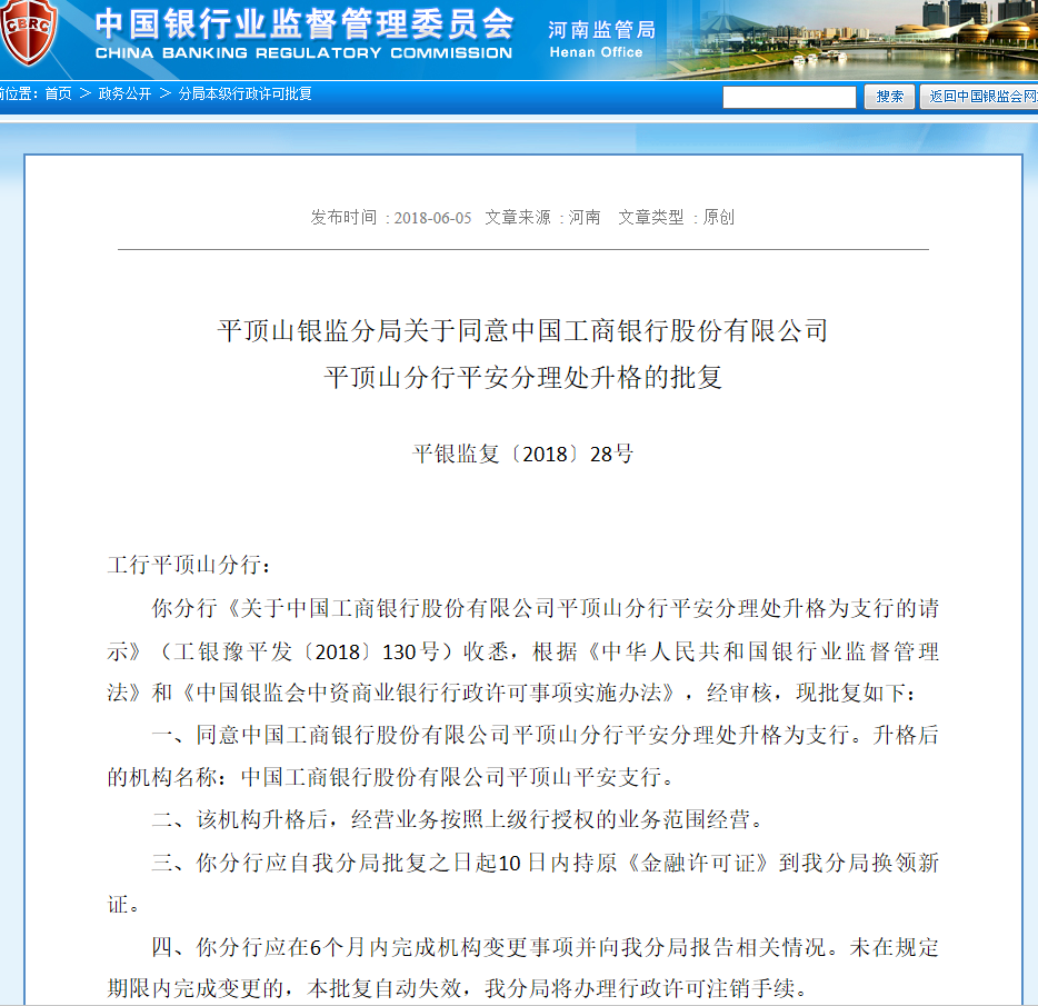 平顶山工商银行5分理处升格为支行 | 名单