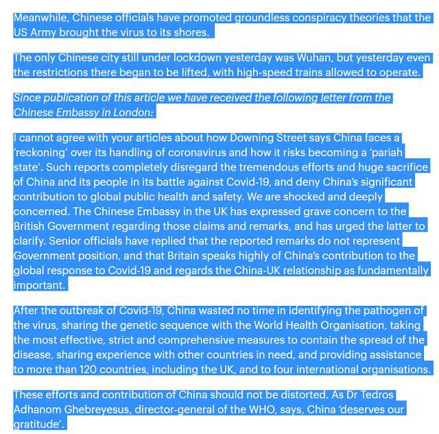 『疫情』英政府高级官员：媒体不当言论不代表政府立场 中国贡献不容诋毁