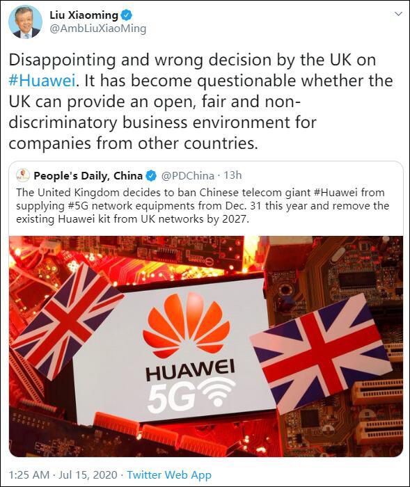 华为|英国官员：替换华为设备将耗费数十亿英镑