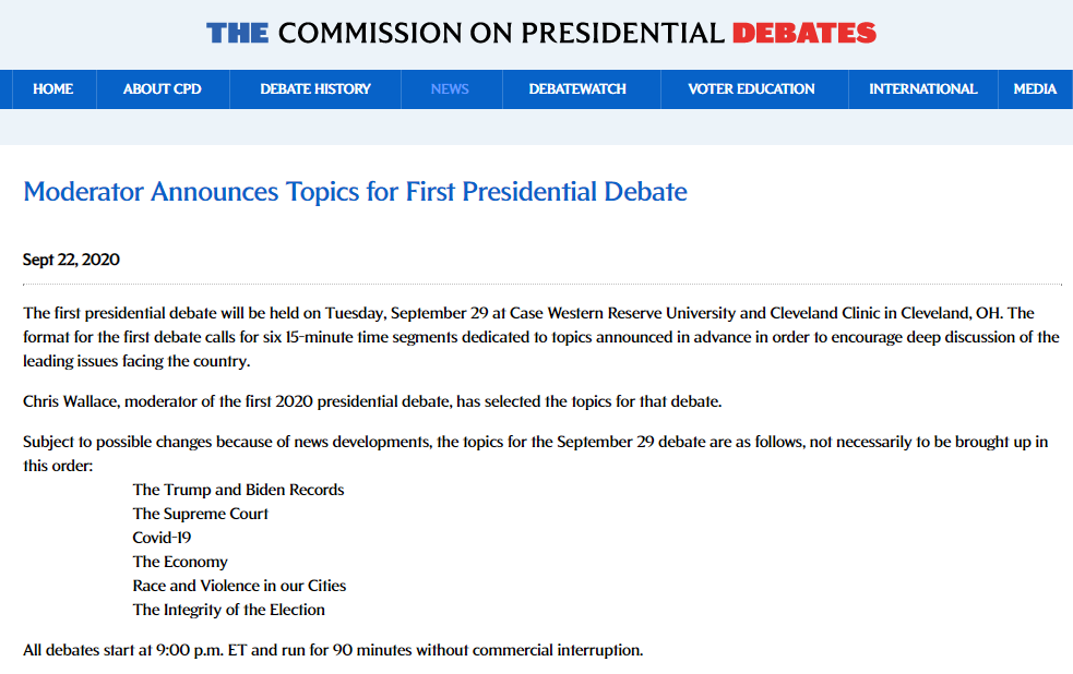 特朗普|美国大选首场辩论主题公布 特朗普拜登将正面交锋