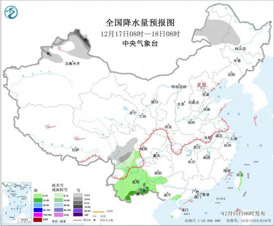 全国降水量预报图(12月17日08时-18日08时)