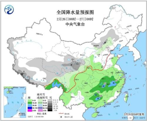 全國降水量預(yù)報圖（2月26日08時-27日08時）