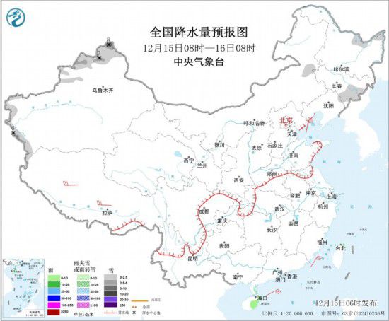全国降水量预报图(12月15日08时-16日08时)