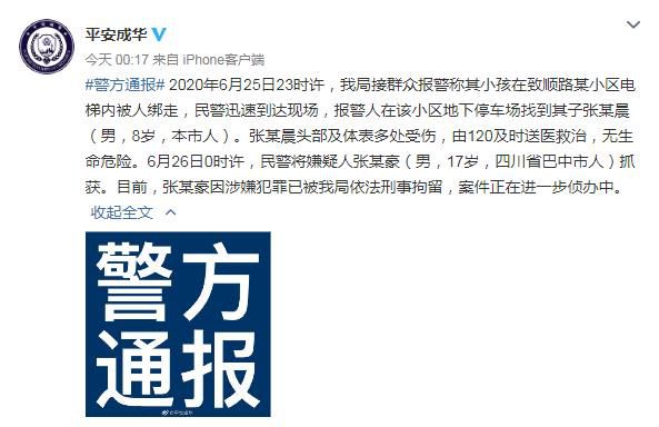 电梯8岁男童电梯内被男子绑走殴打 警方：涉事者已刑拘