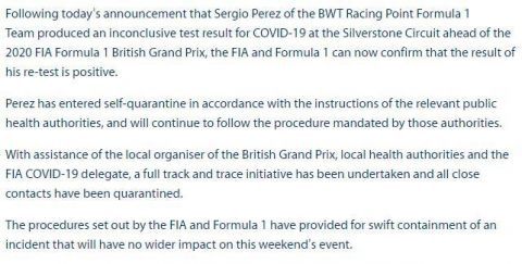 f1|F1车手佩雷兹新冠检测呈阳性 将无缘英国大奖赛