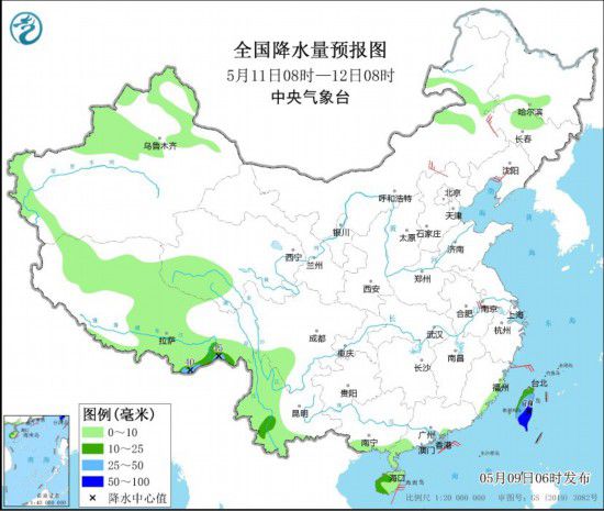 图6 全国降水量预报图(5月11日08时-12日08时)