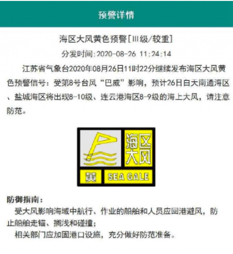 预警信号|江苏省11时22分发布海区大风黄色预警信号