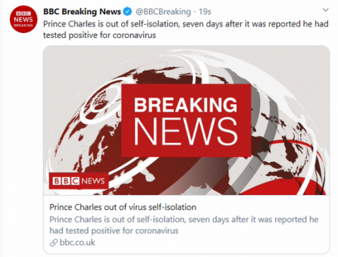 【查尔斯王子】英国查尔斯王子已结束自我隔离，健康状况良好