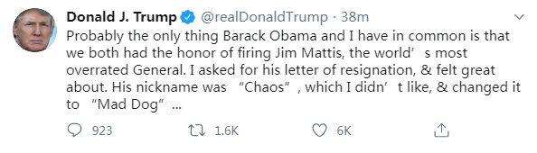 特朗普被马蒂斯狠批后特朗普凶狠反击：我和奥巴马都有幸解雇过这个最被高估的将军