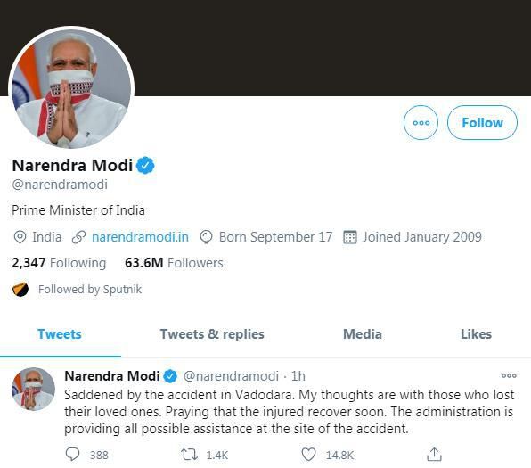 印度总理莫迪个人社交媒体账号截图。