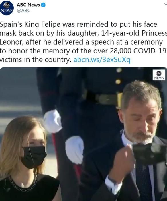西班牙国王|西班牙国王出席悼念仪式期间忘戴口罩 女儿暖心提醒