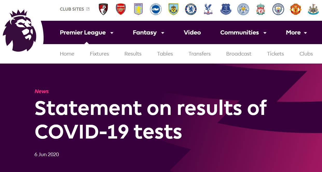 英超英超第6轮核酸检测结果：1195名受检者无人呈阳性