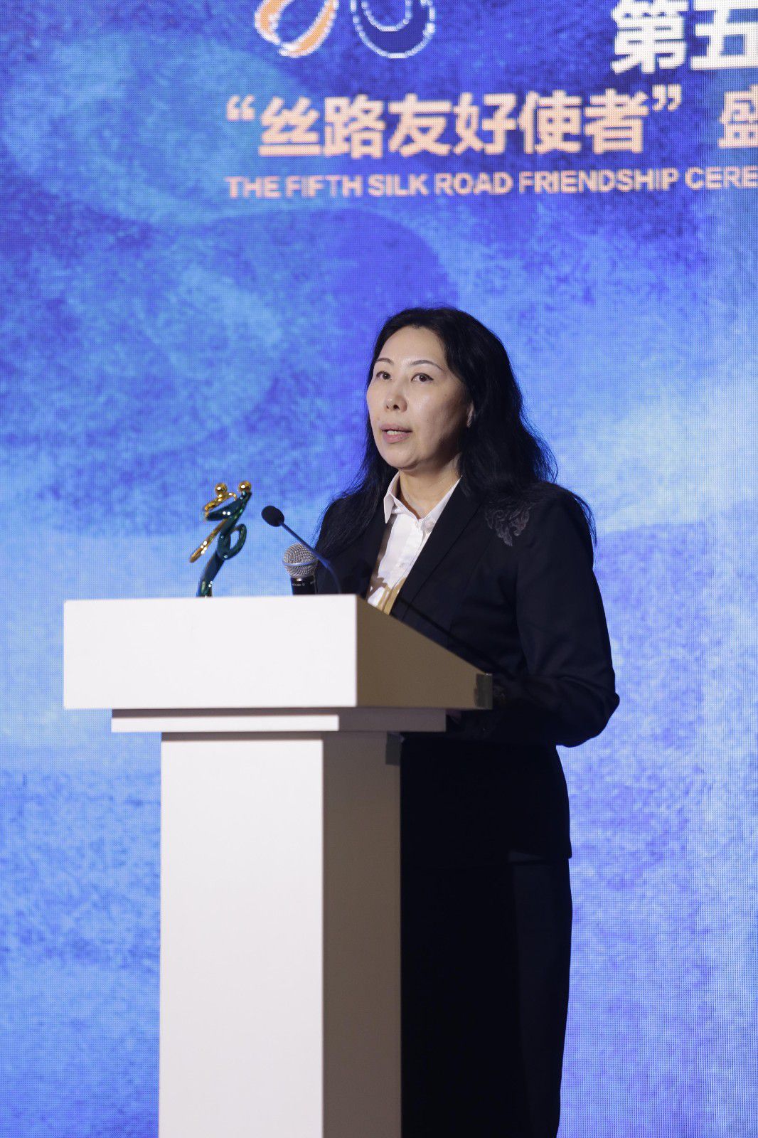第五届“丝路友好使者”卡纳伊姆·巴克特古洛娃发表感言。