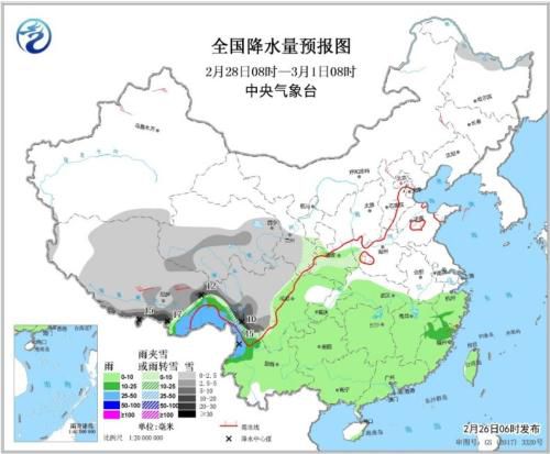 全國降水量預報圖（2月28日08時-3月1日08時）