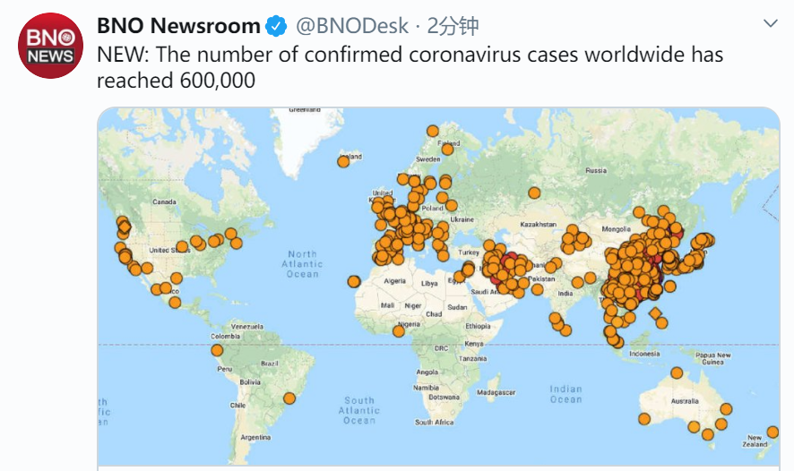 []快讯！全球新冠肺炎累计确诊病例数突破60万例