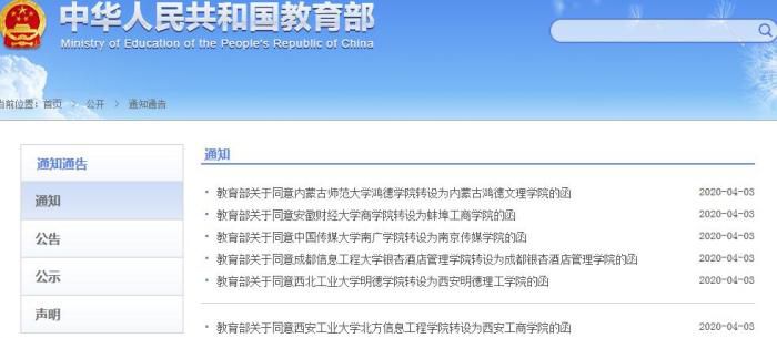 「独立学院」教育部：同意6所独立学院转设为独立设置的民办本科学校