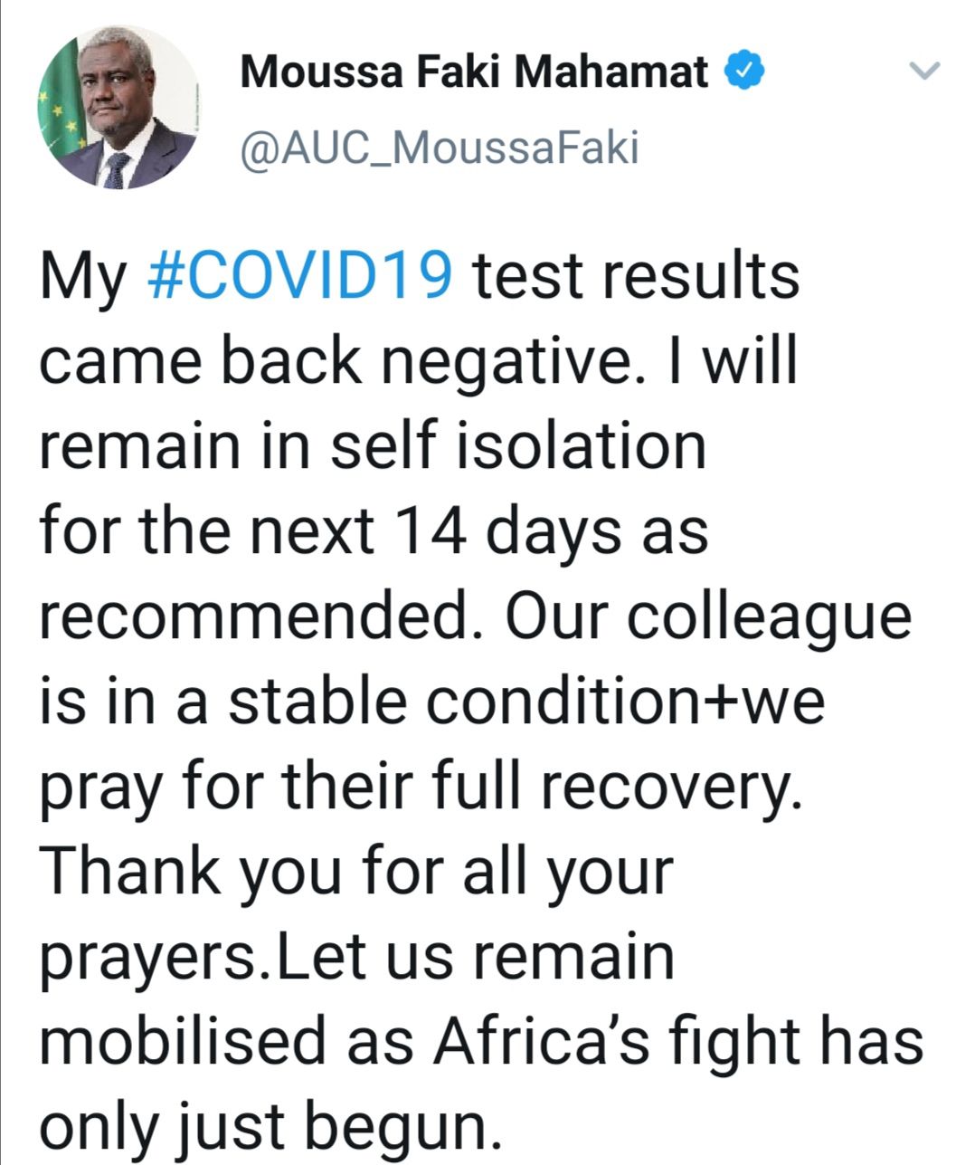 【国际社会】非盟主席法基新冠病毒检测为阴性