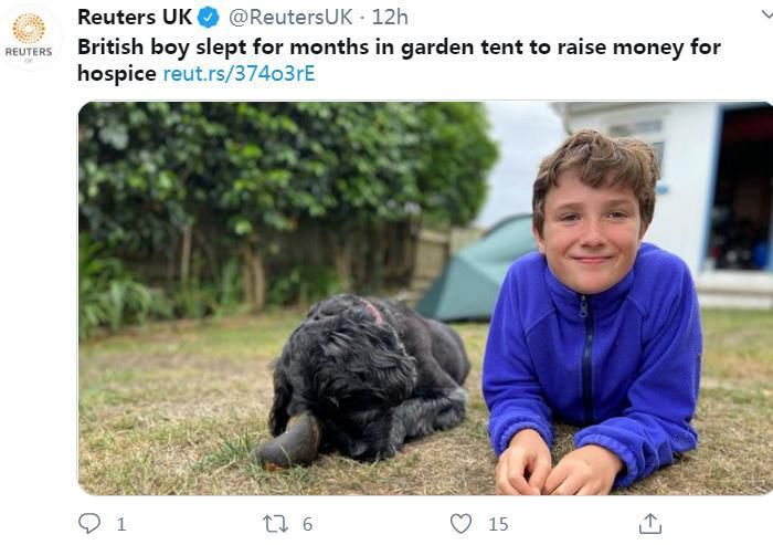 |英国10岁男孩睡帐篷数月 为当地临终关怀设施筹资