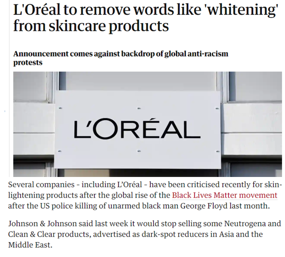 欧莱雅“欧莱雅”宣布移除其护肤和化妆品中“美白”等描述，法国网民怒了！