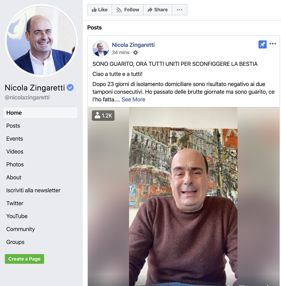 【民主党】意大利民主党党首津加雷蒂宣布新冠肺炎治愈