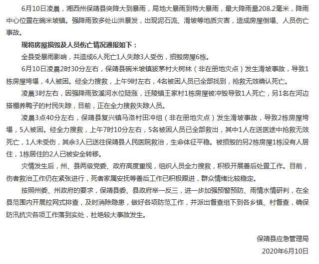 暴雨湖南保靖县强降雨致多处山洪暴发 已致6死1失踪3伤